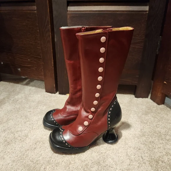 John Fluevog Burgundy and Black Heeled Boots - Picture 1 of 8